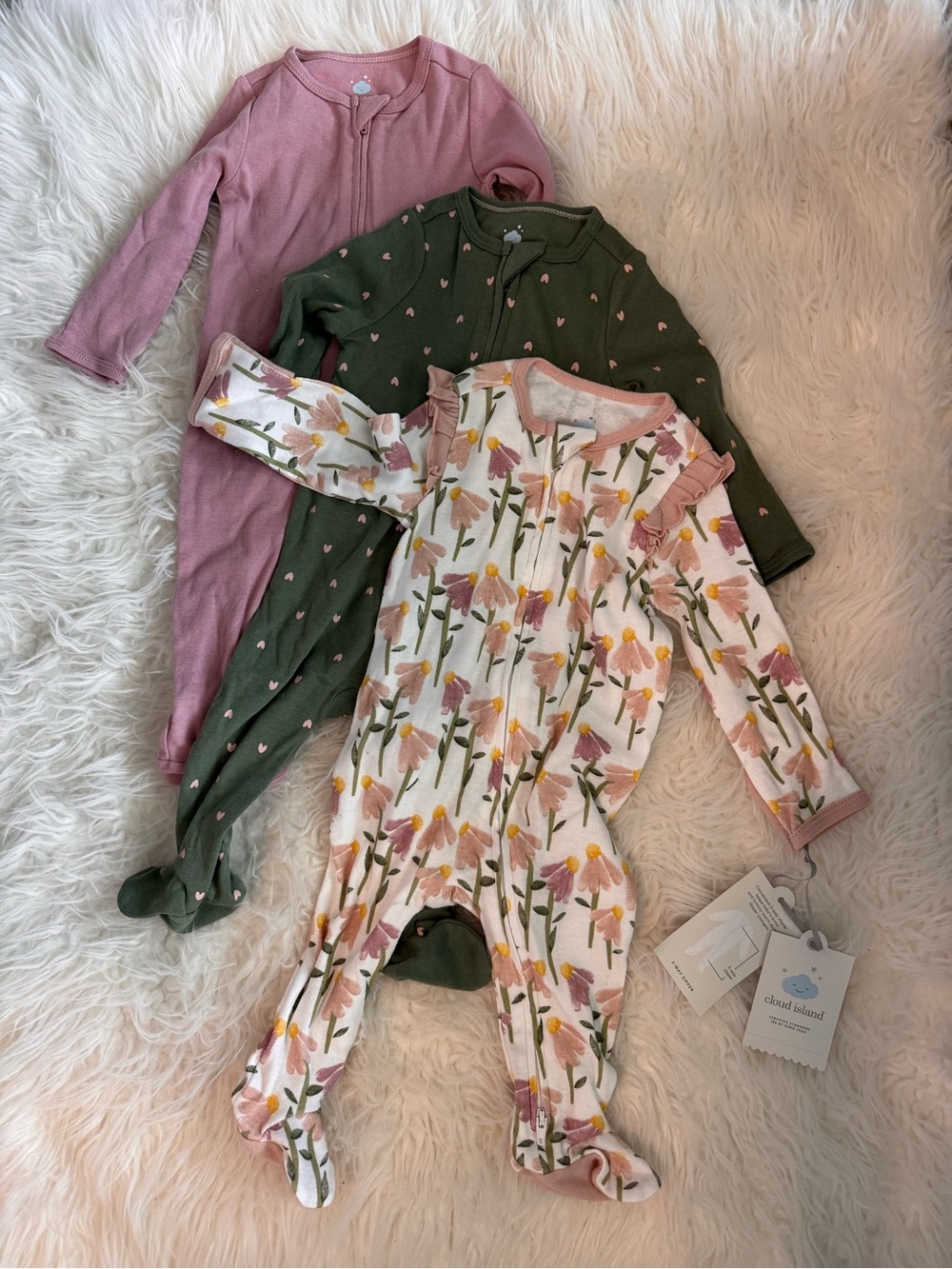 cloud island Pink Floral, Olive & Mauve Baby Sleepers Set